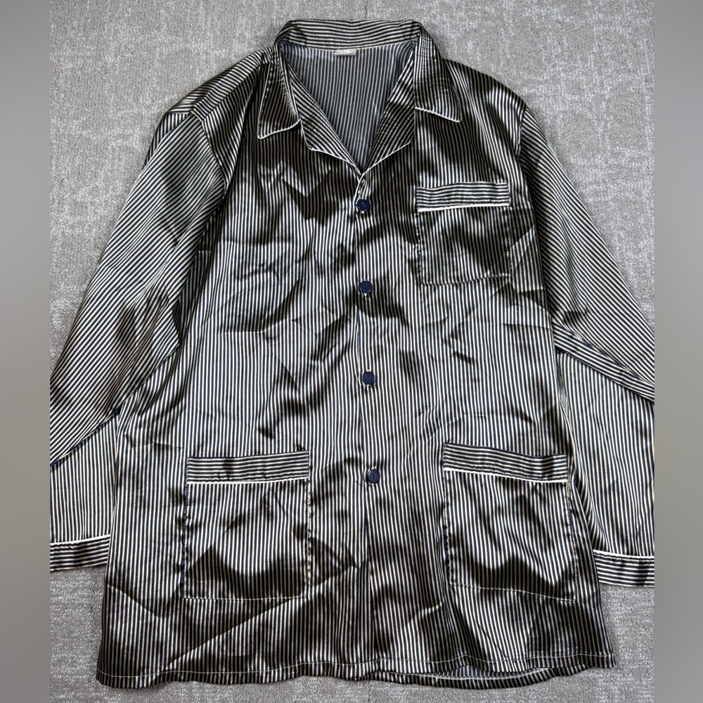 NK 100% Silk Striped Button Down Long Sleeve Sleep Shirt Size XL